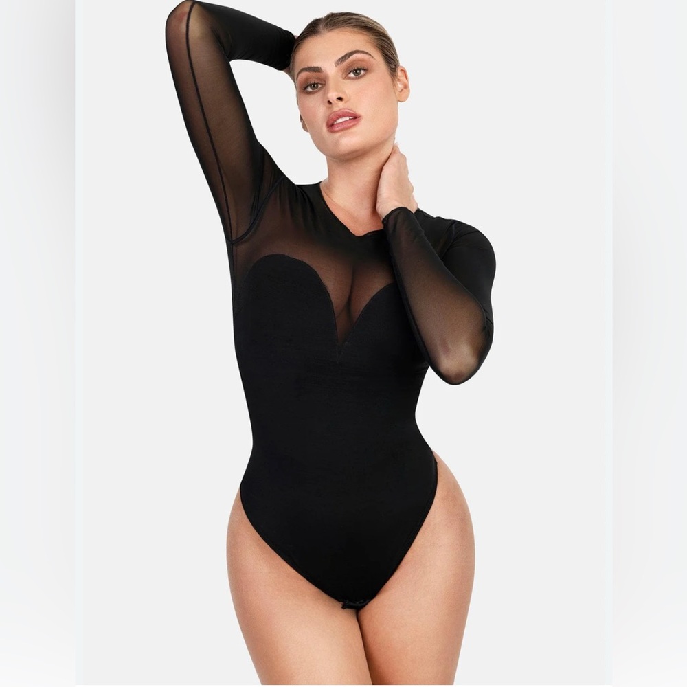 Popilush Shapewear Illusion Mesh Long Sleeve Tummy Control Bodysuit